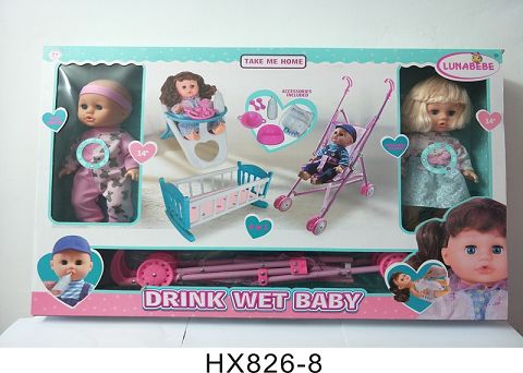 Two 14-inch drinking water and urine dolls with dining chair, plastic trolley with 6-sound IC