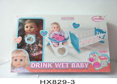 14 inches water and urine doll with rocking bed, dining chair, accessories, with 6 sound IC