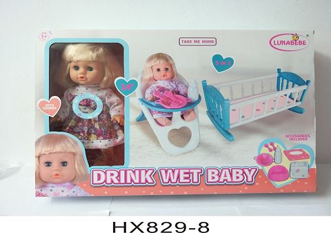 14 inches water and urine doll with rocking bed, dining chair, accessories, with 6 sound IC