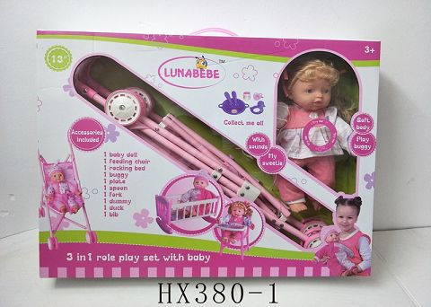 14 "4 sound cotton doll with iron cart, chair, bed, accessories bag