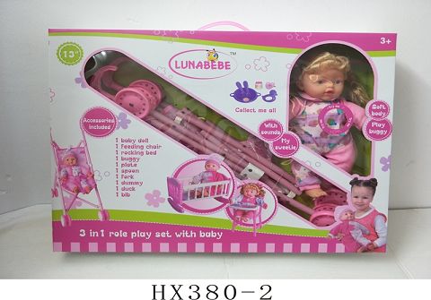 14 "4 sound cotton doll with plastic cart, chair, bed, accessories bag