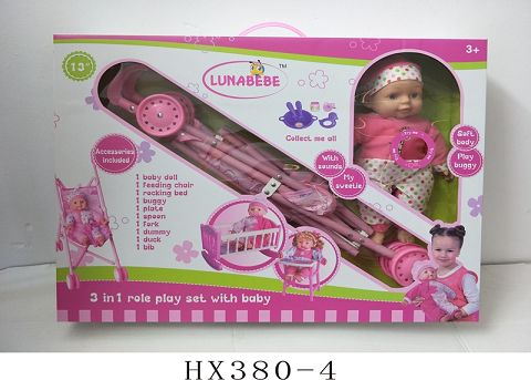 14 "4 sound cotton body boy with plastic cart, chair, bed, accessories bag