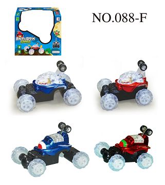 Angry bird music flashing light small stunt open flip car forward back left flip right flip stop, front wheel 360 degrees spin, back wheel stretch, can stand walk