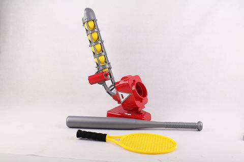 Straight two-in-one electronic service machine (tennis + baseball) : six balls, one bat and one tennis racket