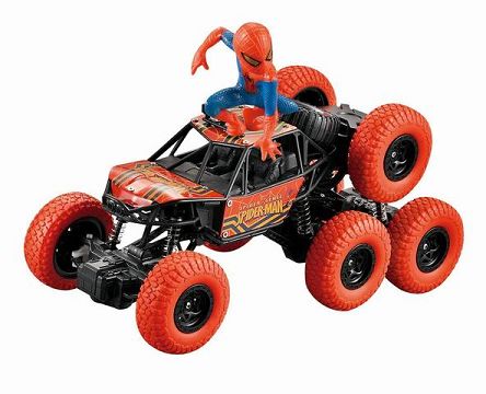 Six-wheeled four-way cross-country climbing remote control vehicle with spider-man doll