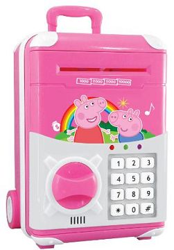 The pink pig automatically rolls up the money, pulls the bar, and saves the money with the password