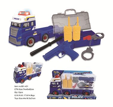 Police lights, music and container car